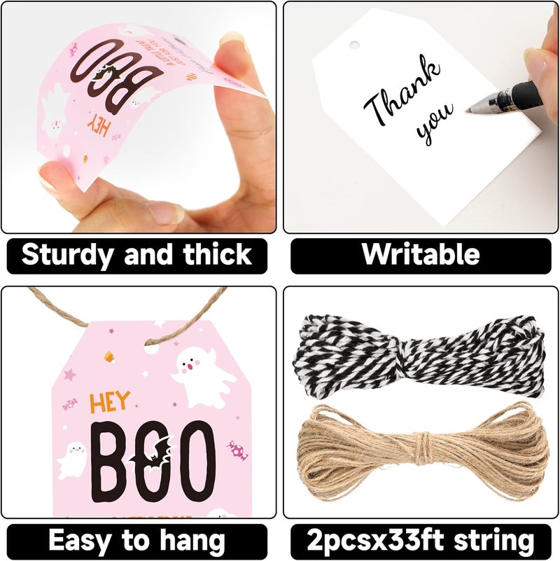 g2plus Happy Halloween Tags, 50Pcs Halloween Treat Paper Tags, Ghost Boo Gift Tag with String for Gift Wrapping, Halloween Party Favors - Image 3